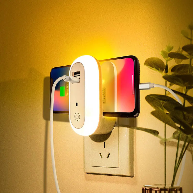 Oval wall night lamp with dual USB ports and remote control, 50x61x104mm, ABS and PC construction