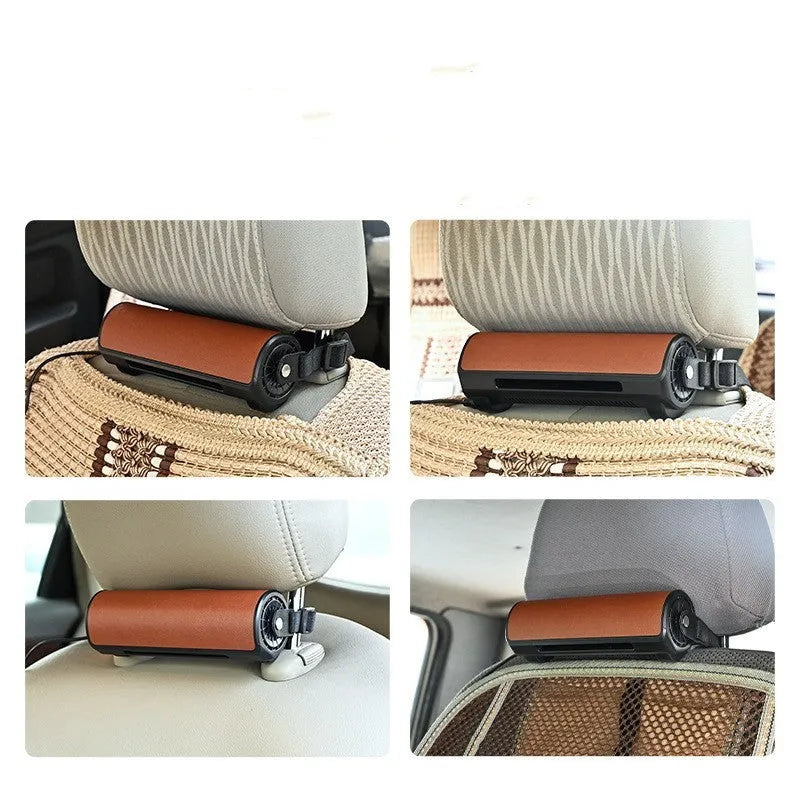 Black car mounted bladeless ventilation fan showing USB power connection and control buttons