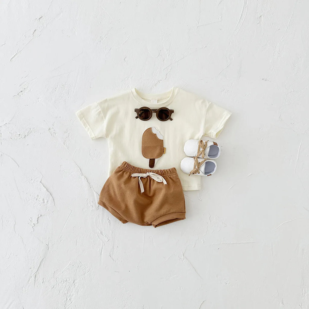 Girls' cotton shorts suit two-piece set with ice cream patch in olive, apricot or white colours