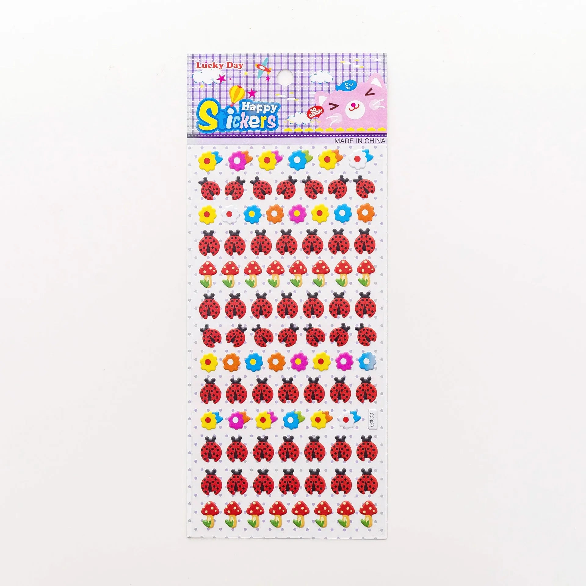 Sheet of cartoon-themed three-dimensional bubble stickers with raised surfaces on various designs like an alpaca, dinosaur, and bow tie cat.