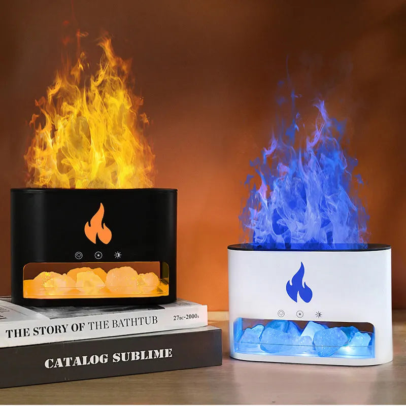 Square desktop flame humidifier with crystal salt stone and colourful atmosphere lighting