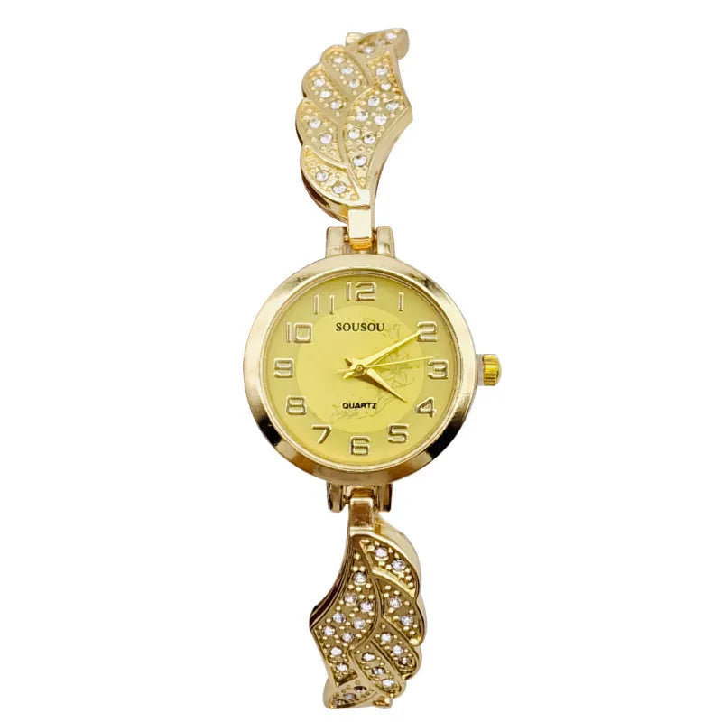 Stainless steel women's watch with round dial showing gold face colour option and vachette clasp buckle