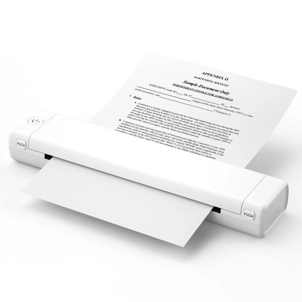 Phomemo M08F A4 portable thermal printer in silver black colour with charging cable