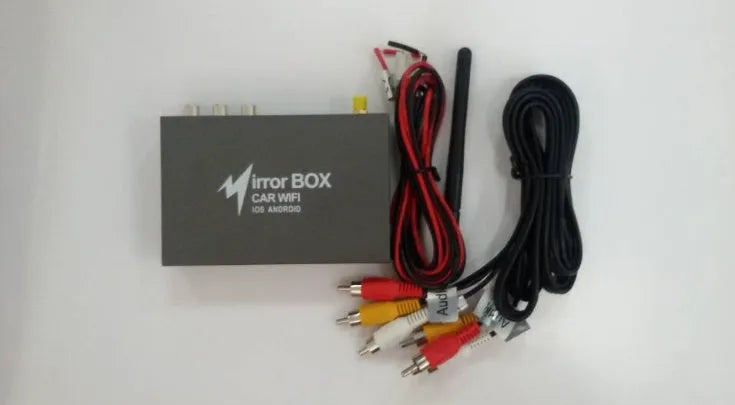 Black car mirror link box with power cable, AV cable, antenna, and user manual.