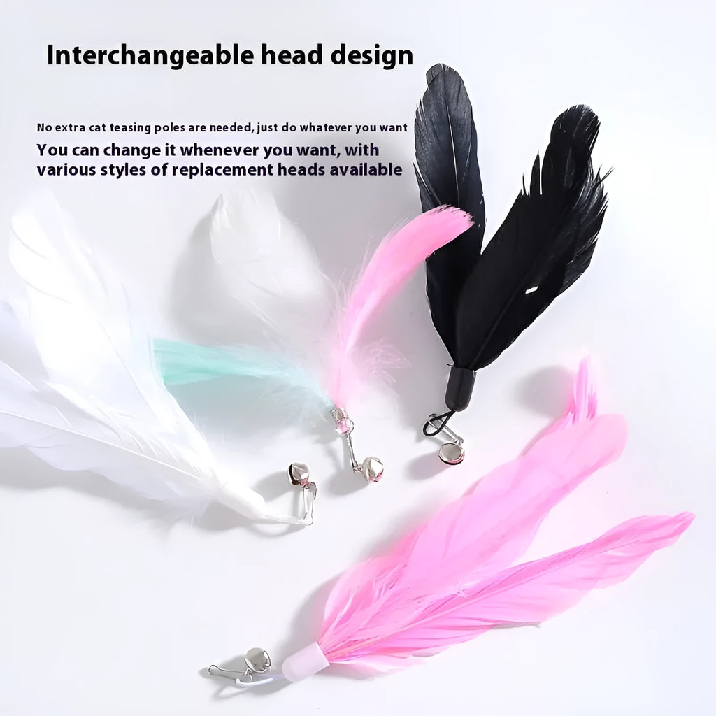 Cat teaser toy with suction cup base, long handle, feather attachments and bell in various colour designs
