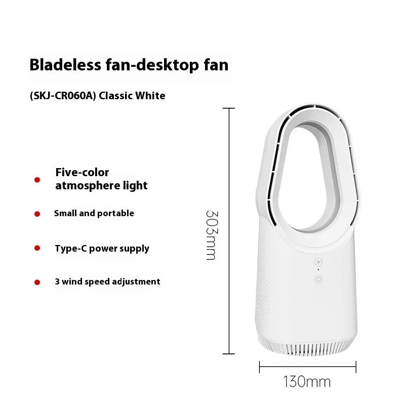 White bladeless tower fan with remote control on wooden floor