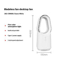 White bladeless tower fan with remote control on wooden floor