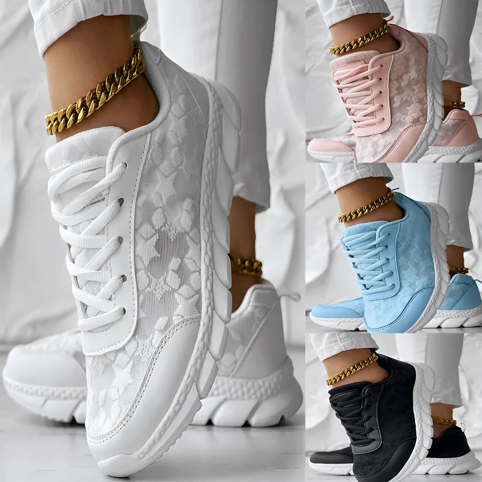 Women's white canvas running shoes with a flat heel and round toe on a plain background.
