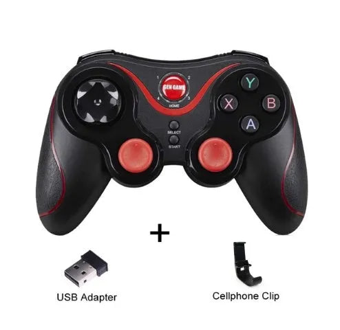 Upgraded X3 Bluetooth wireless game controller for Android phones in black or white, shown with phone clip attached.