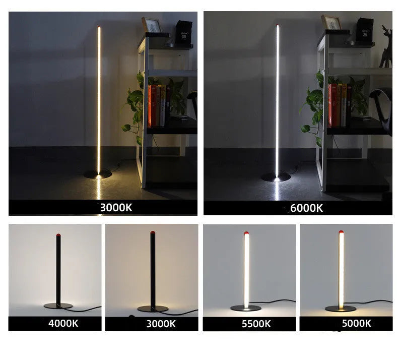 Vertical aluminium alloy floor lamp in modern simplicity style on a table.