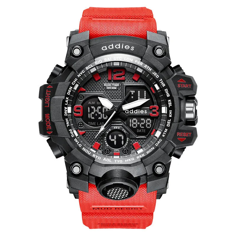 Men's black and red electronic sports watch with analogue hands and digital display, showing 50m waterproof rating on dial