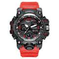 Men's black and red electronic sports watch with analogue hands and digital display, showing 50m waterproof rating on dial
