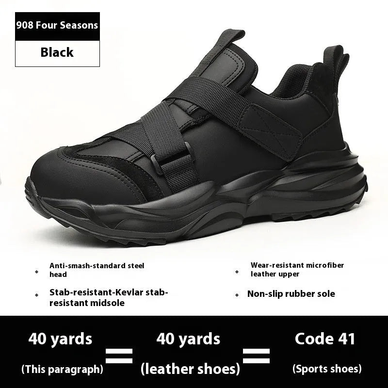 Black steel toe cap safety work shoes with felt buckle closure and lightweight EVA sole