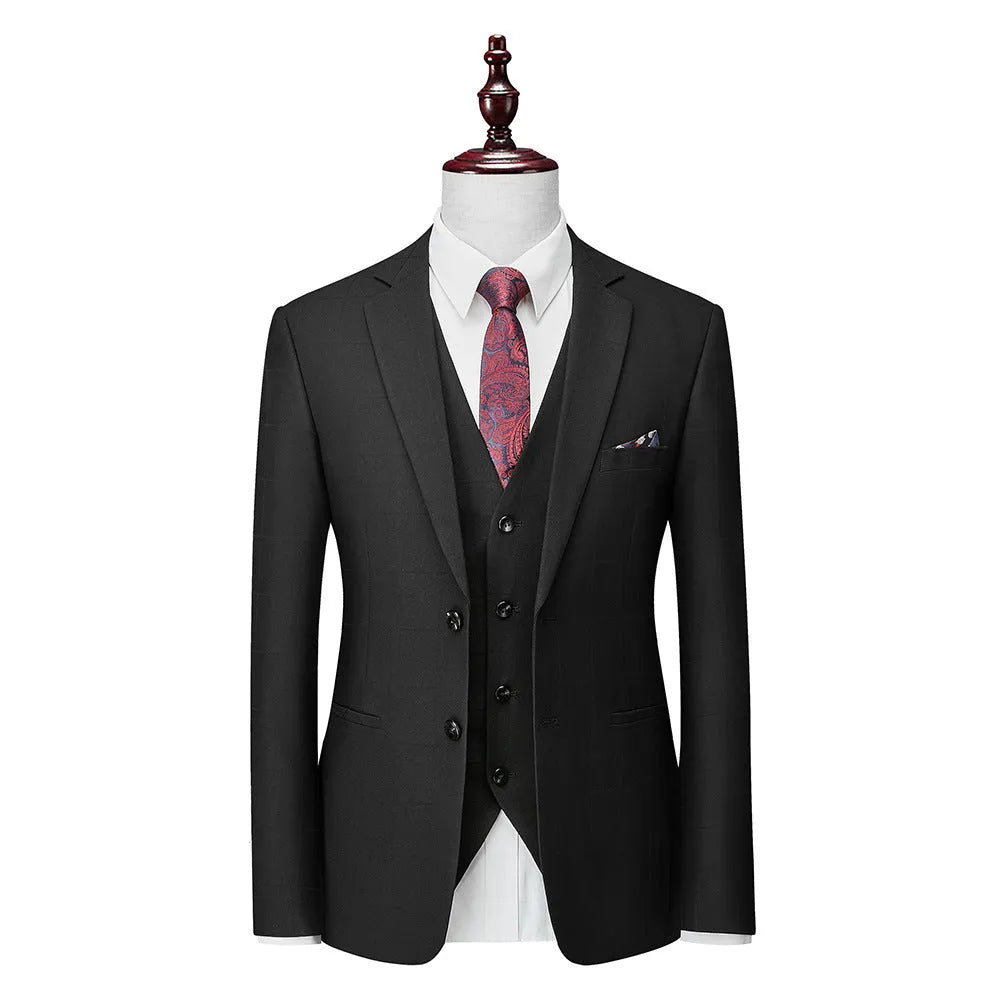 Men's navy blue three-piece plaid business casual suit with slim fit cut showing jacket, vest, and trousers