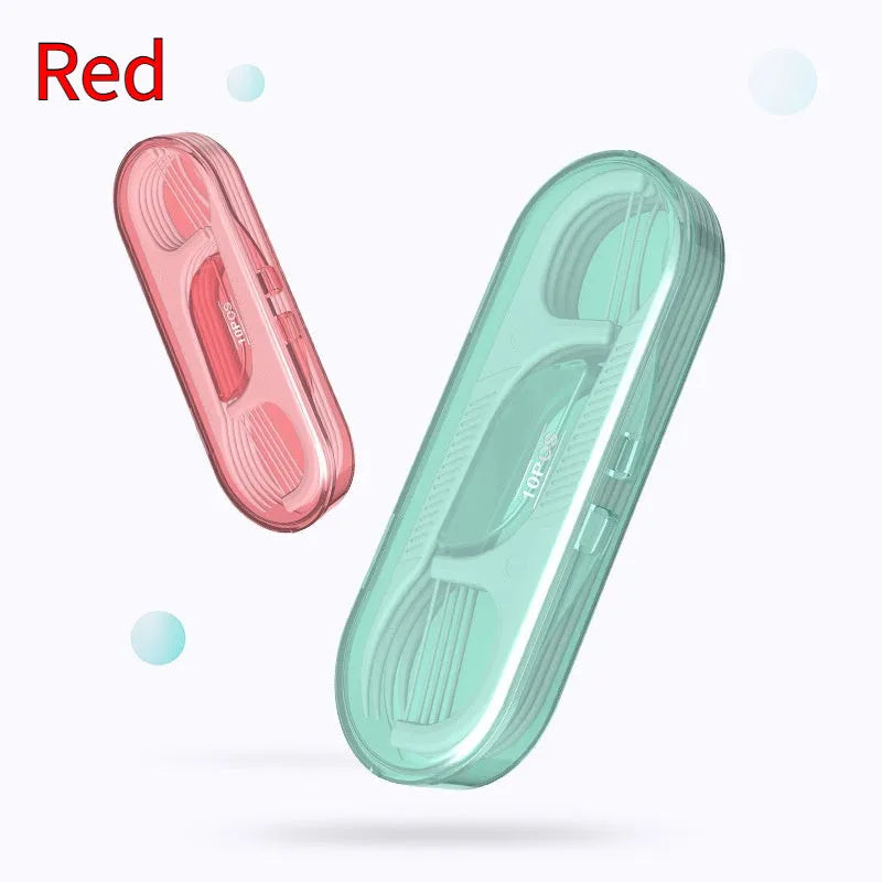 Clear plastic bag containing 100 or 108 pieces of disposable high tensile dental floss.