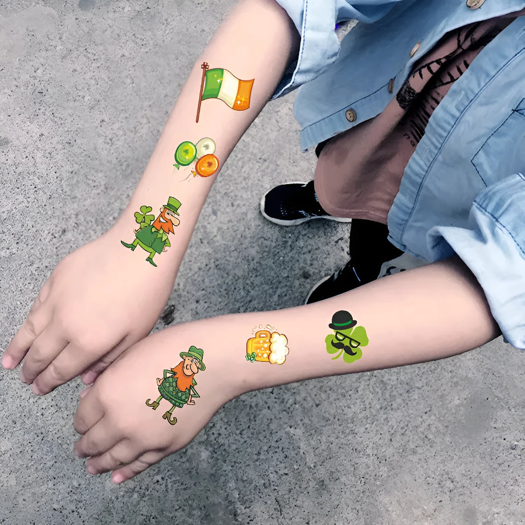Sheet of children's temporary shamrock flag tattoo stickers for St. Patrick's Day, using water transfer printing.