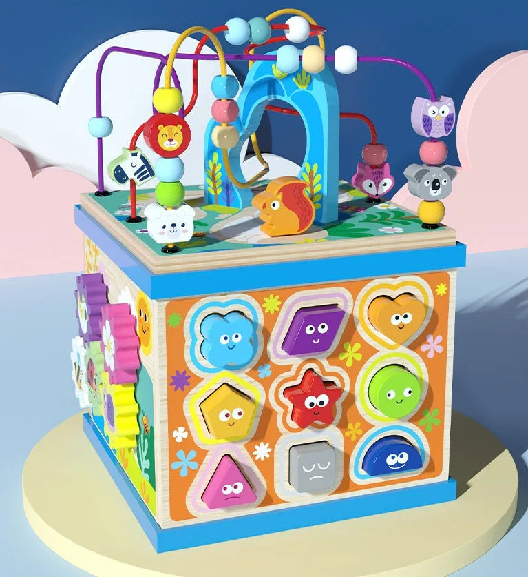 Blue wooden bead treasure box toy with four multifunctional play scenes for children aged 3+
