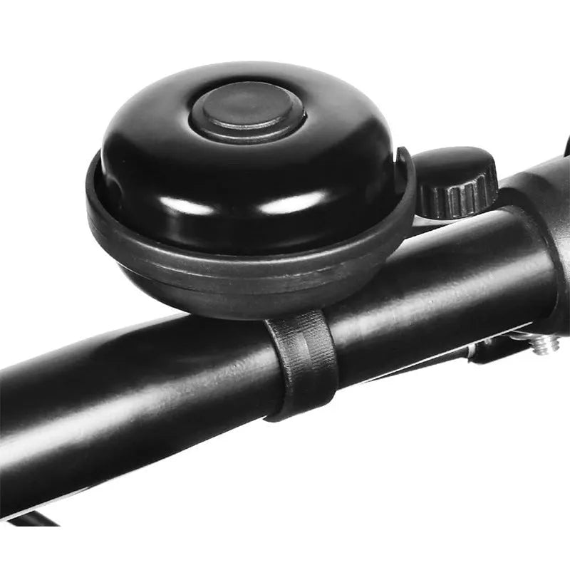 Black 58mm diameter bicycle bell with universal handlebar clamp fixture