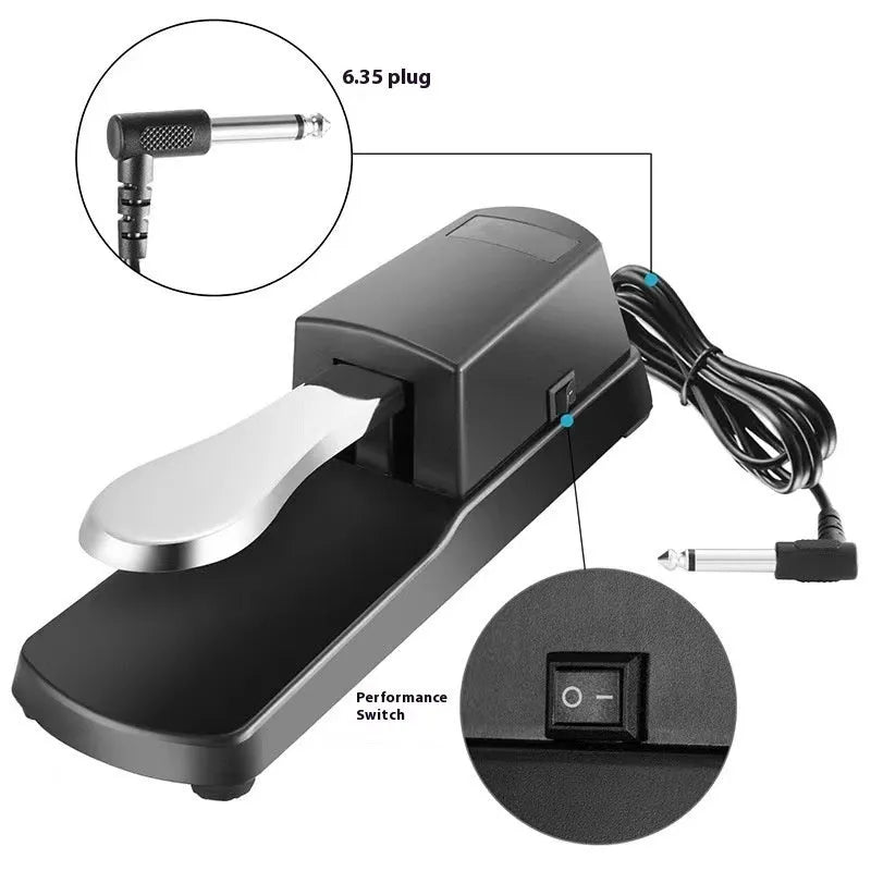 Universal single leg sustain pedal for electronic keyboards with black ABS housing and anti-slip rubber base.