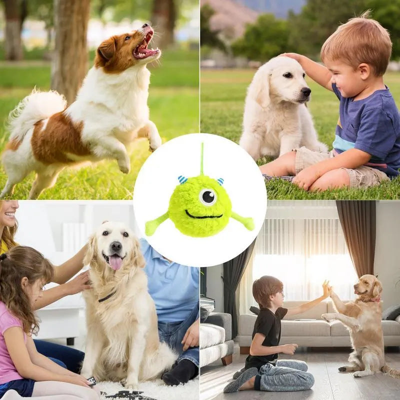 Green sound-activated dog teething ball toy with plush exterior