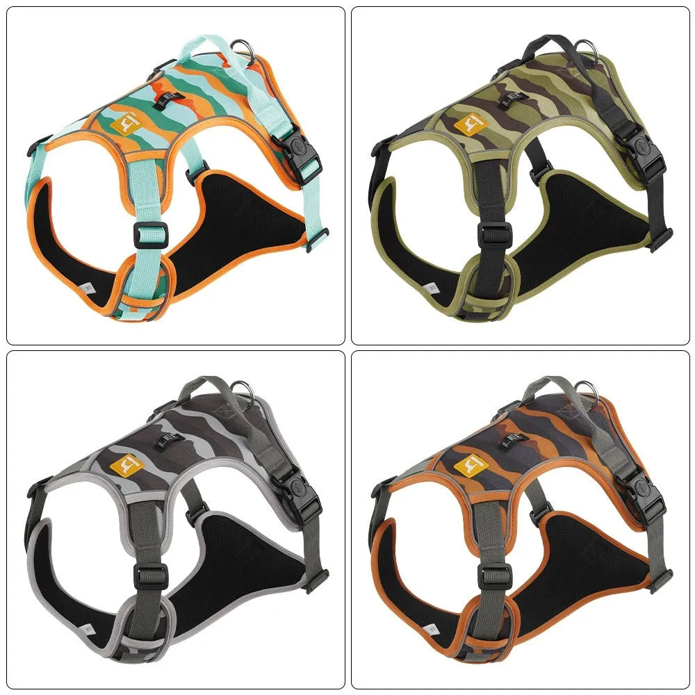 Orange reflective dog chest and back harness with an integrated hand-holding walking rope.