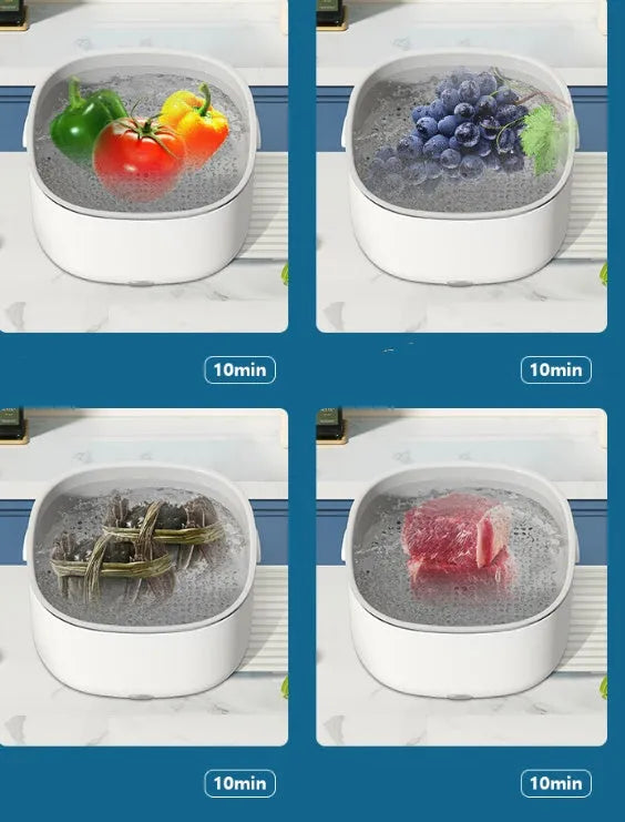 Portable ultrasonic fruit and vegetable washing basket in PP plastic, white body with grey drainage basket