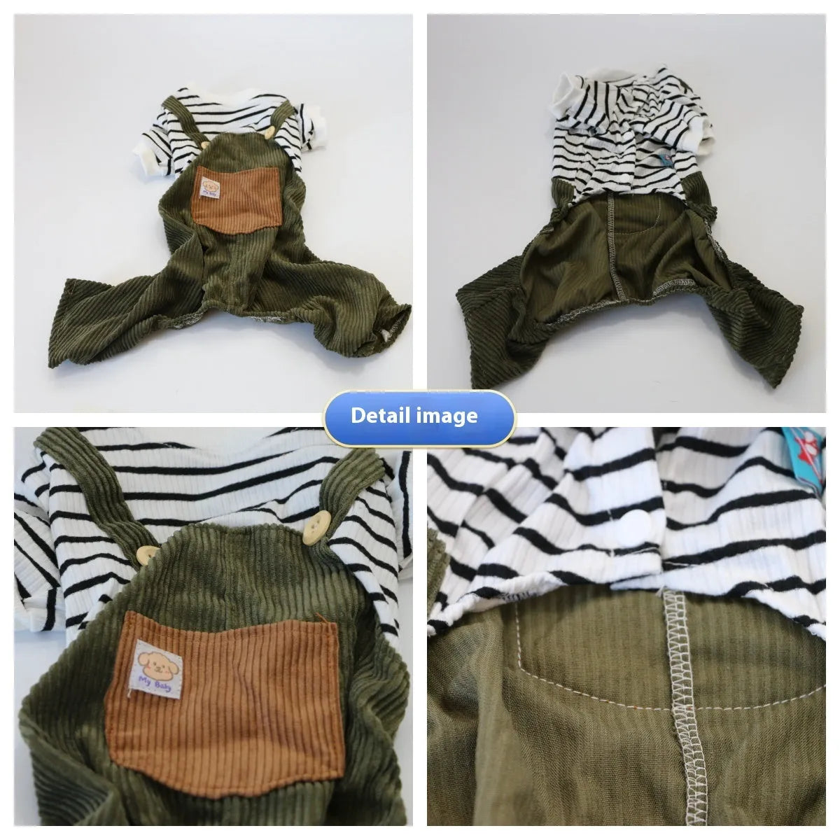 Thin corduroy four-leg pet pants for small dogs in green black white stripes on a light background
