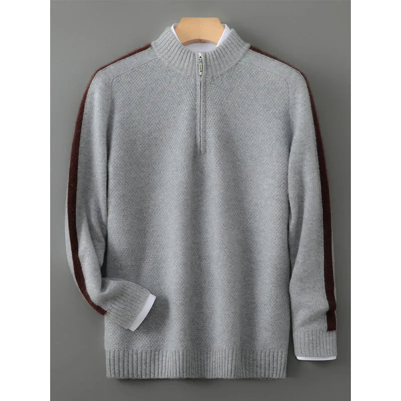 A plus-size slim-fit sheep wool sweater with a half zip and round neck, shown in Raw Velvet Camel colour.