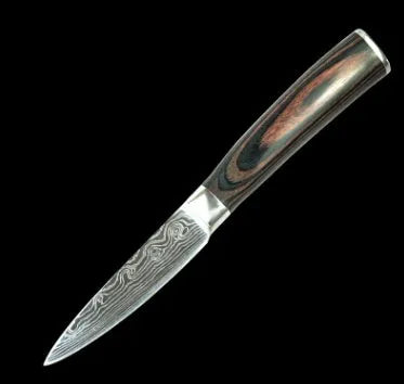 Stainless steel kitchen knife with coloured wood handle and laser Damascus pattern on the blade