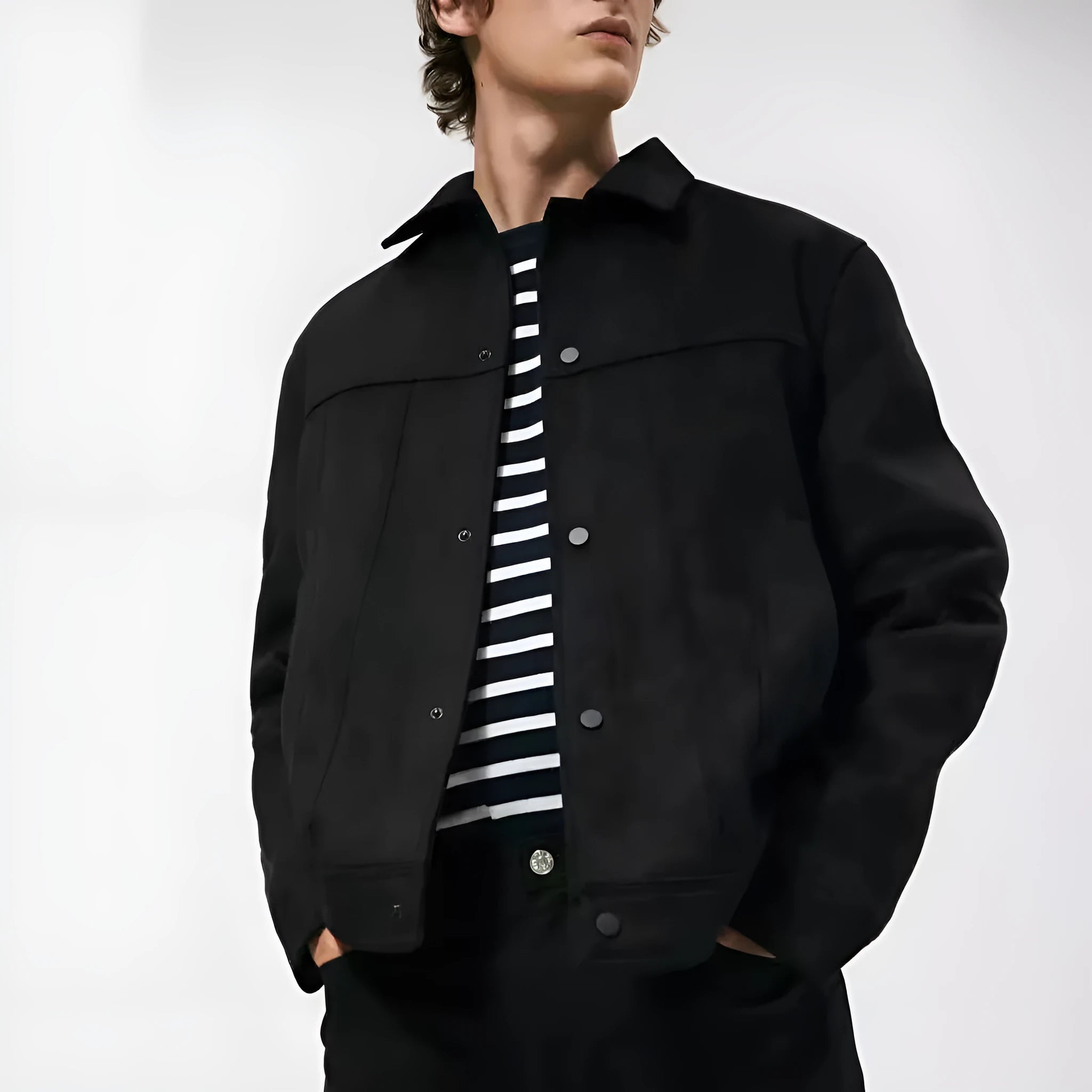 Men's black hooded casual jacket with suede collar and side seam pockets