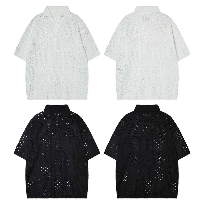 Black and white short-sleeved hollow knit polo shirt with a loose fit for teenagers
