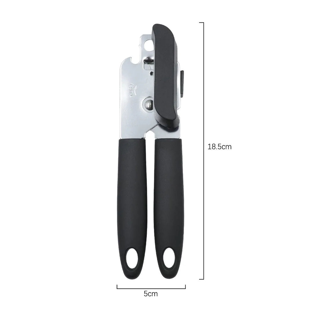 Strong stainless steel can opener and bottle opener, black finish, 18.5 x 5 cm, on a kitchen counter