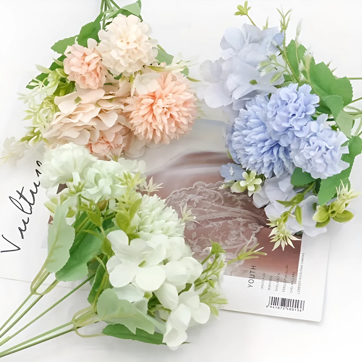 Artificial hydrangea combination in raw silk and plastic, available in white, blue, pink, purple, and green, 1pc or 4pc