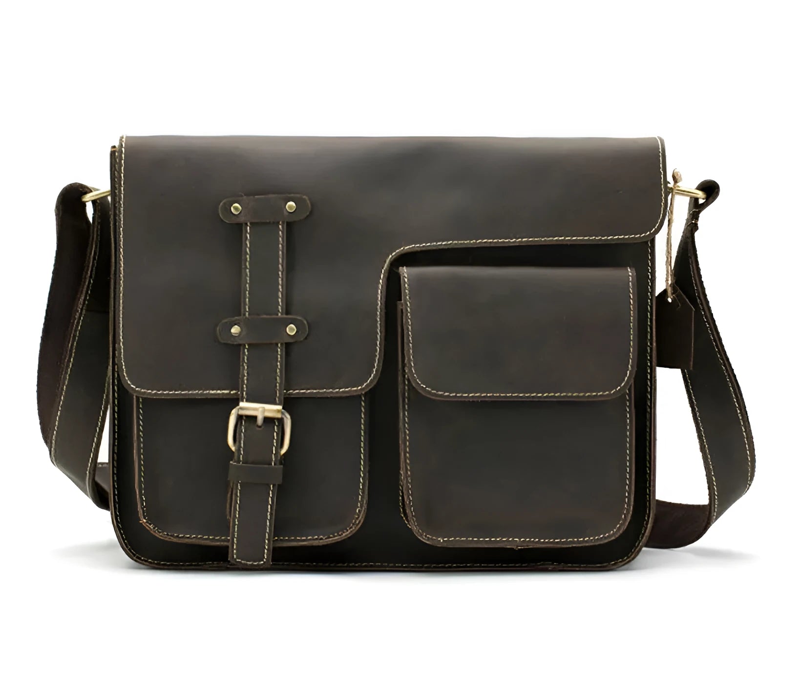 Brown full-grain leather vintage messenger bag with brass hardware, shown with strap adjusted