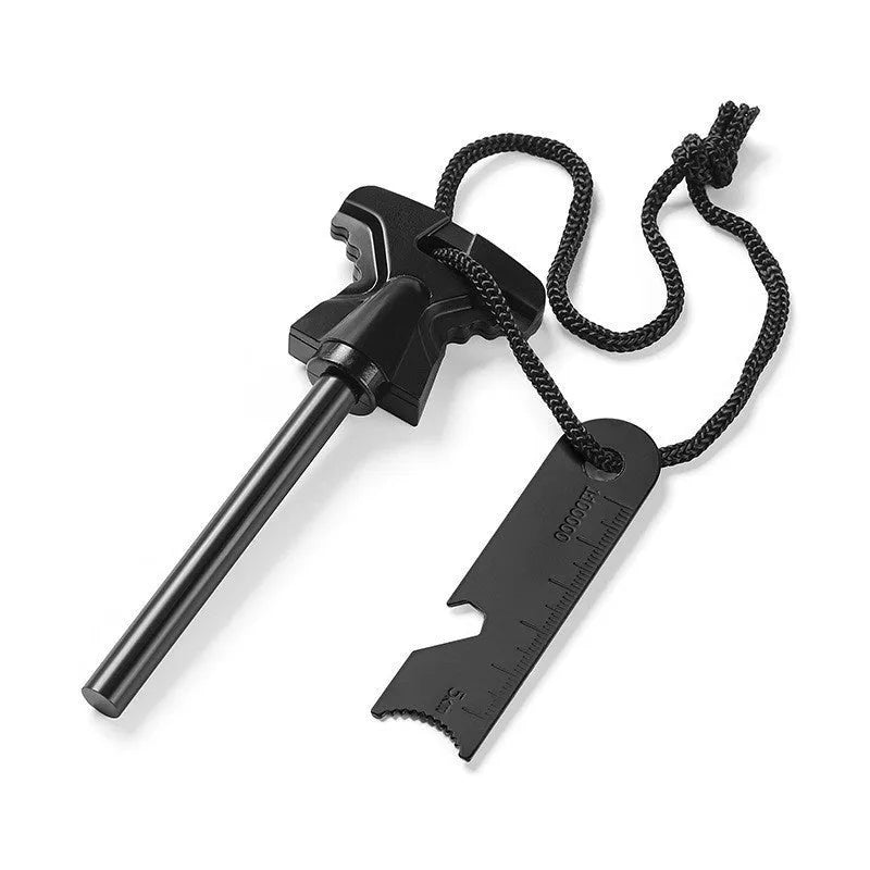 Butterfly-shaped point firestone survival tool with stainless steel bottle opener, showing 117mm by 43mm dimensions.