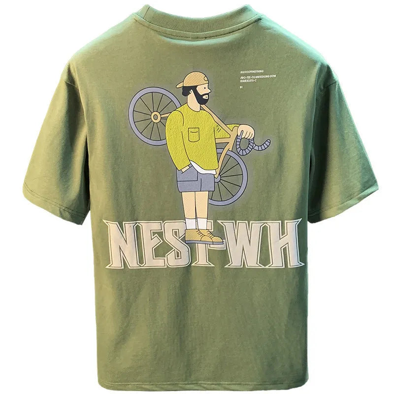 Green men's loose fit T-shirt with a literary print design on the front.