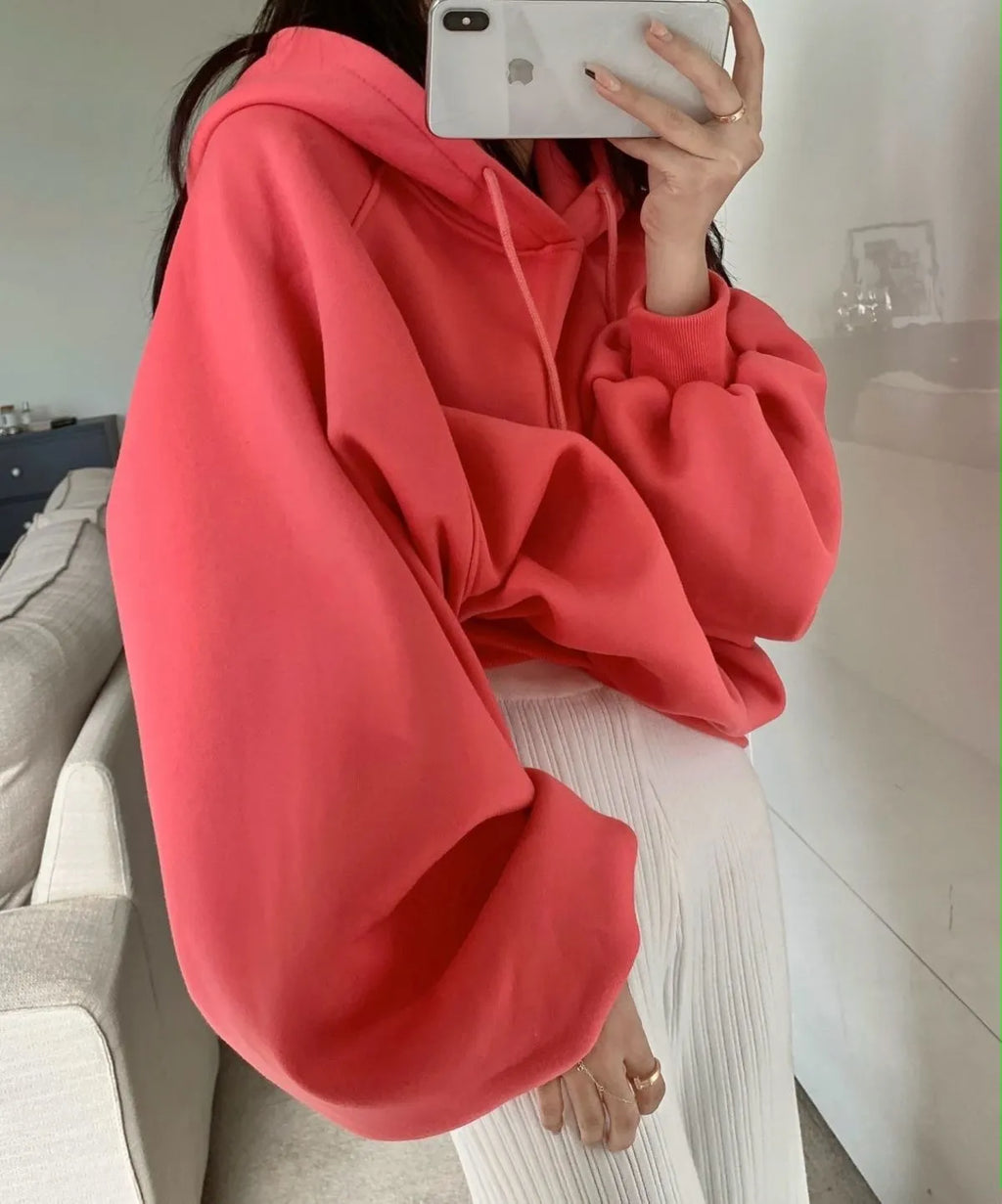 Watermelon red mulberry silk women's hooded sweater in loose pullover style.