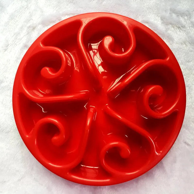 Colour options of an eco-friendly dog slow feeder bowl with maze pattern and non-slip base.