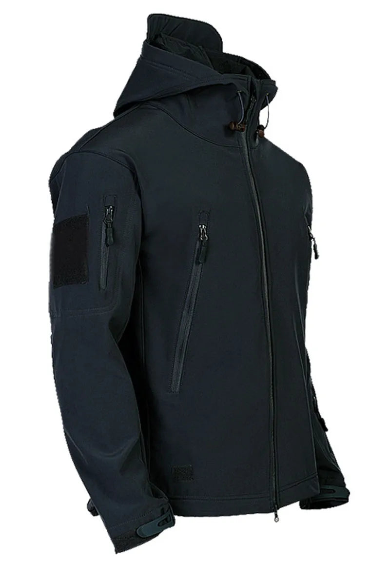 Men's windproof hooded soft shell jacket in black polyester fibre with front zipper and hood