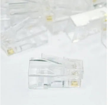 White unshielded RJ45 network modular plug with gold-plated three-fork contacts and all-copper insert.