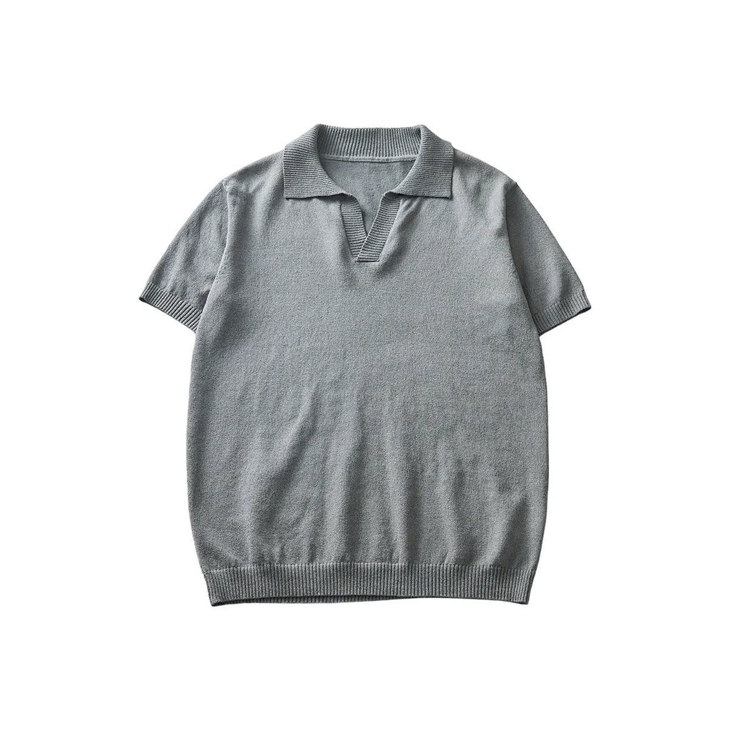 Men's solid colour knitted short-sleeve polo t-shirt on a hanger, shown in grey.