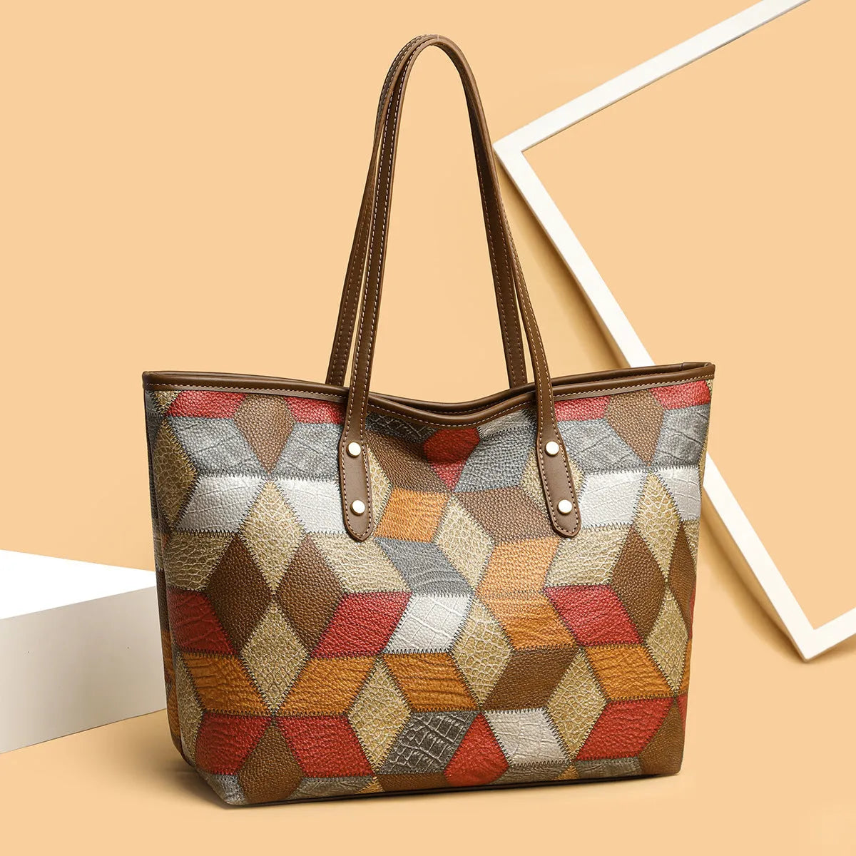 Women's PVC large capacity handbag in blue brown colour with sandwich pocket design