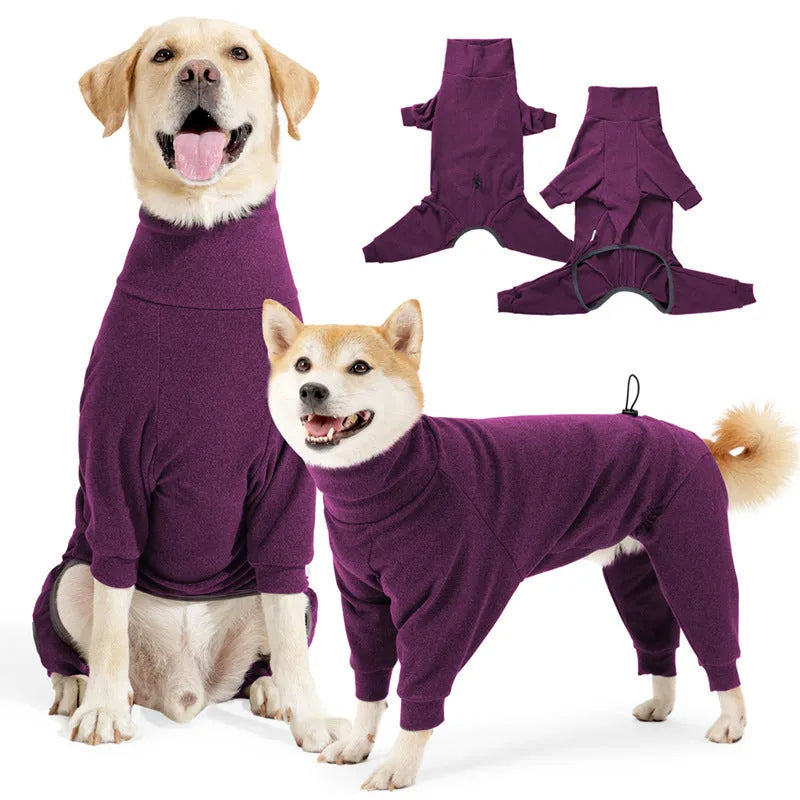 Polar fleece dog clothes with high collar in dark grey colour, showing four-legged design
