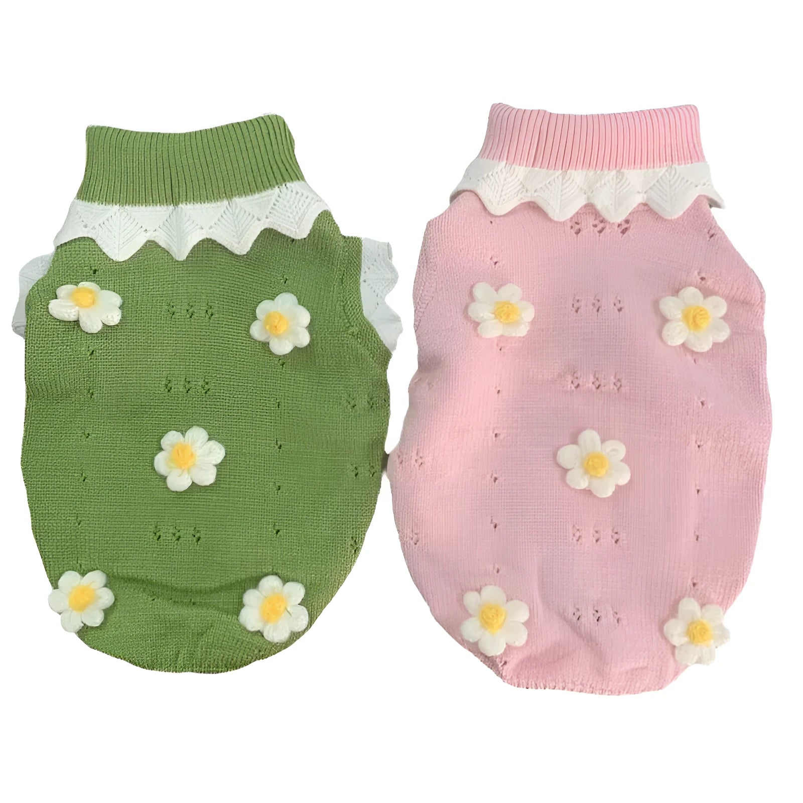 Green and pink blossom flower patterned sweater for a small dog on a sofa.