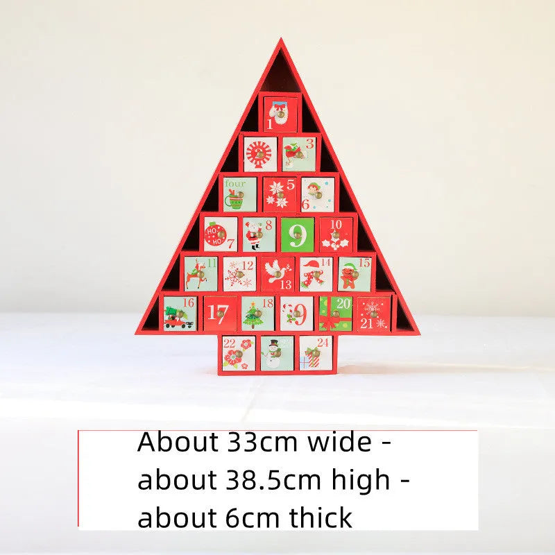 Wooden Christmas calendar with 24 red and green compartments for advent countdown, 37x32x6 cm