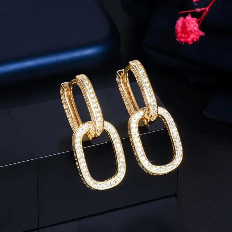Geometric copper earrings with inlaid zircon, U-shape design, white gold tone finish, for women fashion OL style