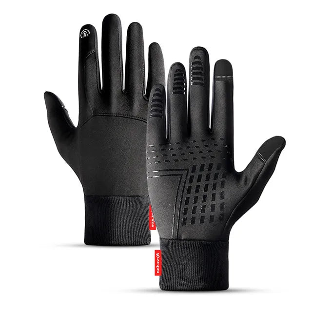 Pair of black winter outdoor sports gloves with touchscreen fingertips on a neutral background