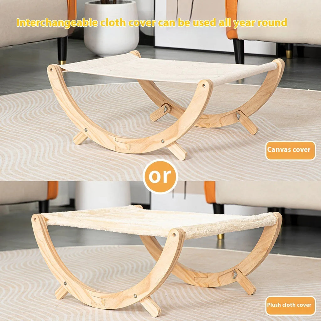 Solid wood foldable cat hammock bed with canvas plush cushion for indoor cats