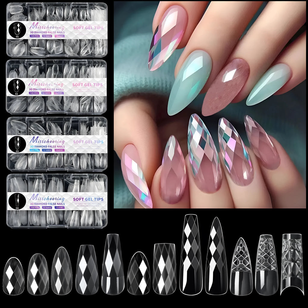 Pack of 3D diamond-patterned long artificial nail tips on a black background.