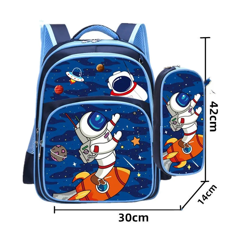 Cartoon print children's nylon backpack in blue colours with a pencil case.